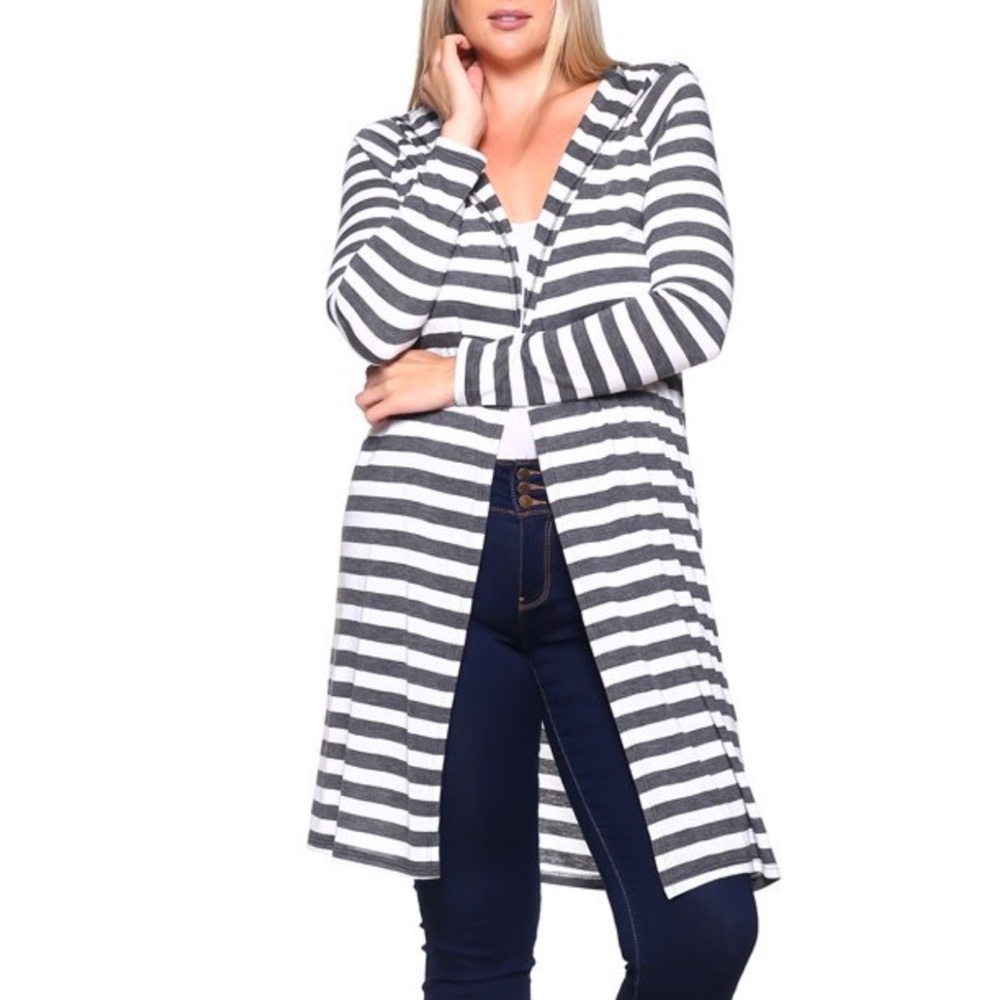 Black and gray striped hooded cardigan